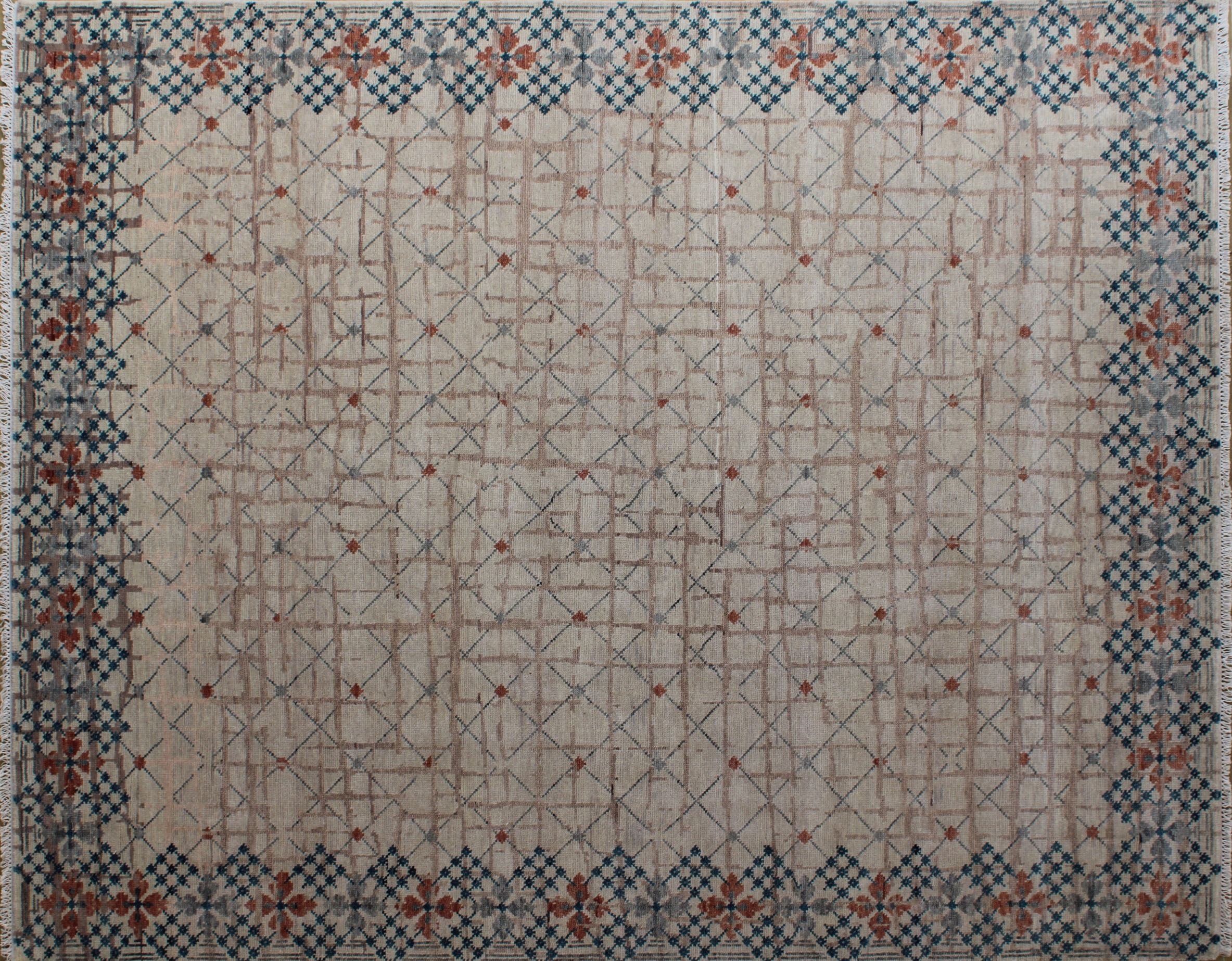 Geometric Grid Ivory Rug 8ft x 10ft - Handknotted Carpet Manufacturer Mirzapur